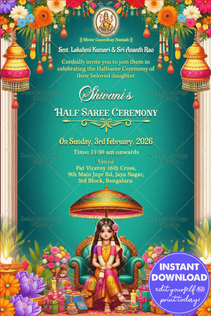 Traditional Floral Half Saree Ceremony Invitation