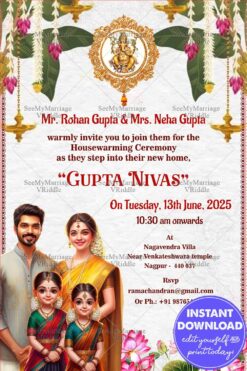 Traditional Ganesha Housewarming Invitation with Caricature Family and Floral Decor