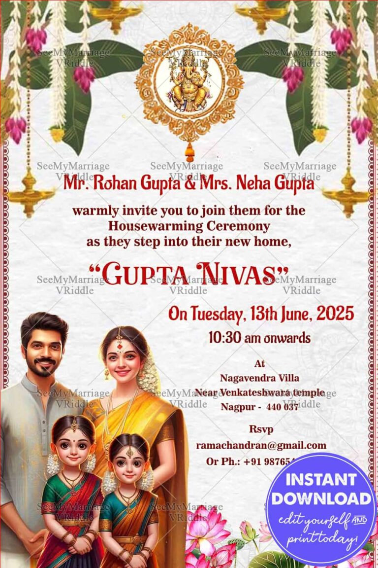 Traditional Ganesha Housewarming Invitation with Caricature Family and Floral Decor
