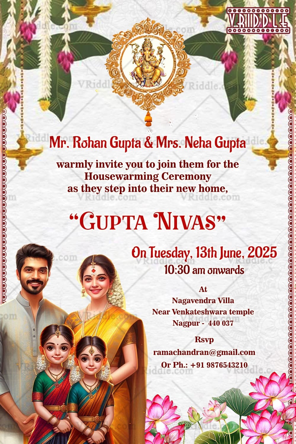 Traditional Ganesha Housewarming Invitation with Caricature Family and Floral Decor