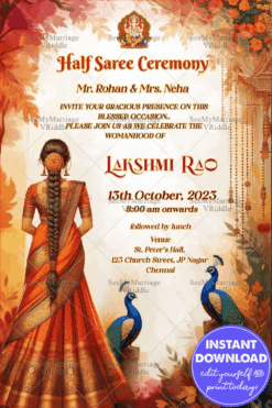 Traditional Half Saree Ceremony Invitation with Autumn Peacocks Design
