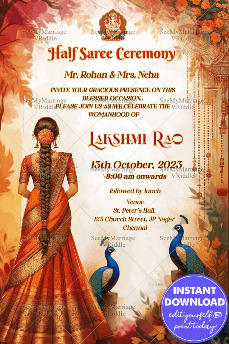 Traditional Half Saree Ceremony Invitation with Autumn Peacocks Design