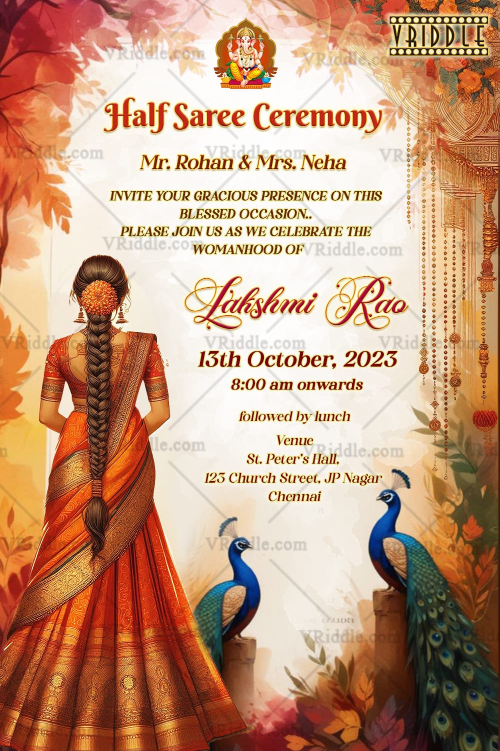 Traditional Half Saree Ceremony Invitation with Autumn Peacocks Design