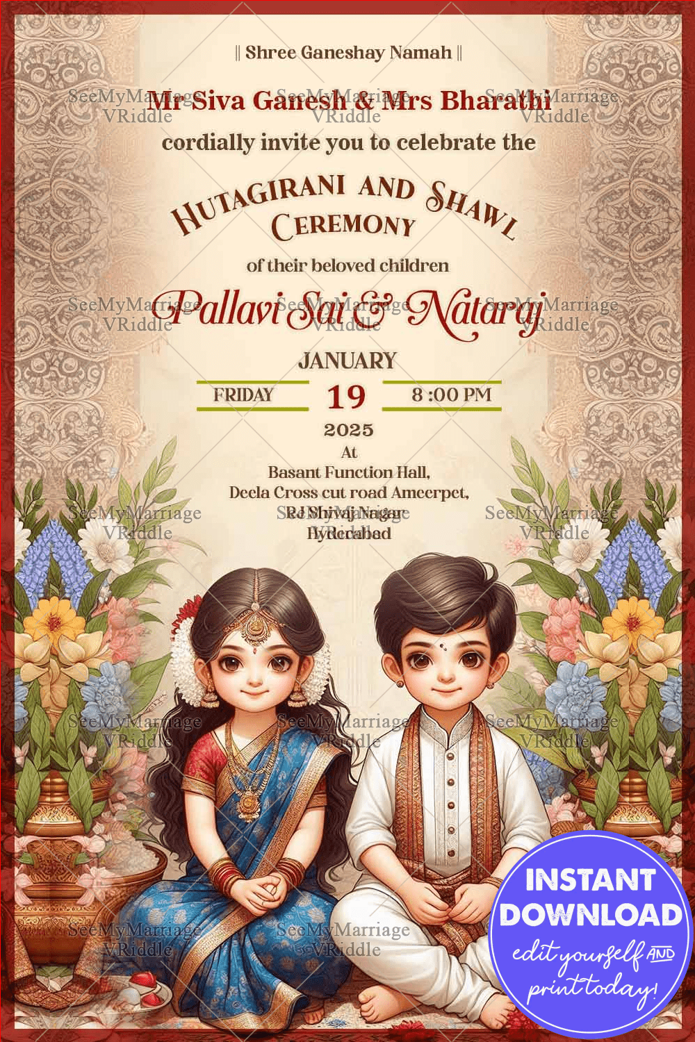 Traditional Hutagirani and Shawl Ceremony Invitation with Floral Decor and Kids Illustration