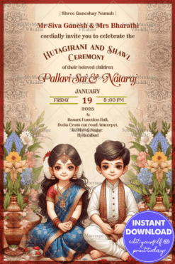 Traditional Hutagirani and Shawl Ceremony Invitation with Floral Decor and Kids Illustration