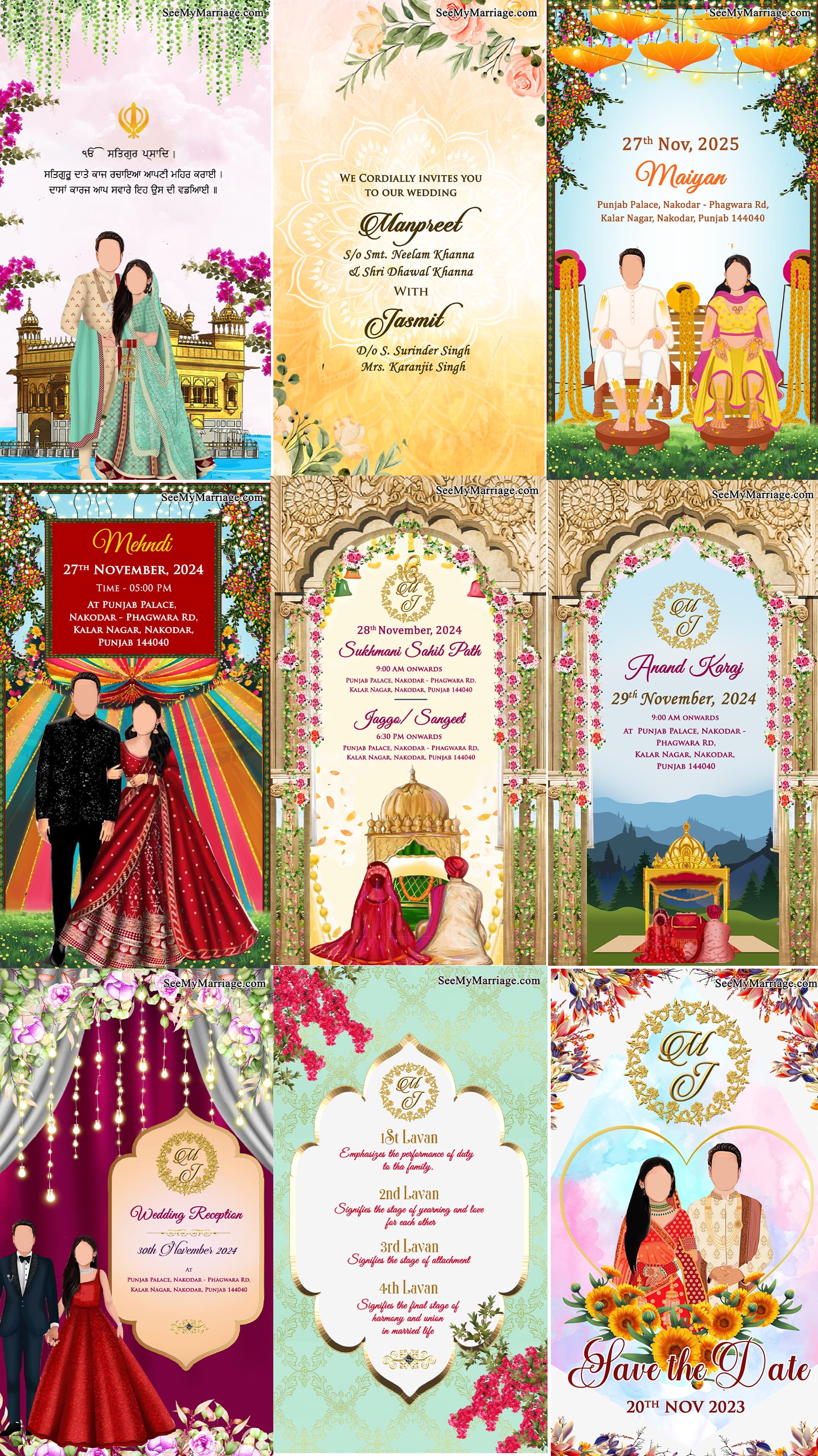 Traditional Punjabi Bliss Wedding Ceremony College Card with Romantic Couple Caricature Theme