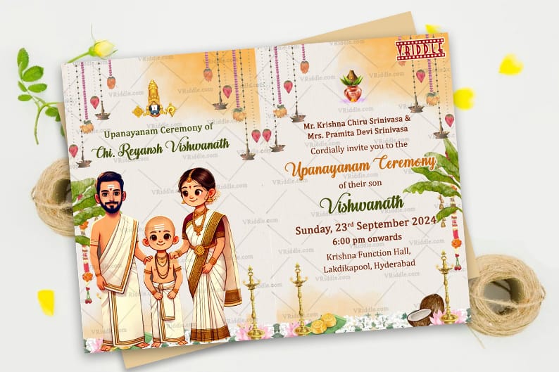 Cartoon Family Theme Traditional Upanayanam Ceremony Invitation Card with White Color Background