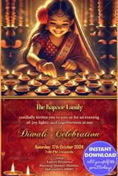 Twinkling Candle Elegance Diwali Celebration Invitation Card with Cute Girl Illustartion