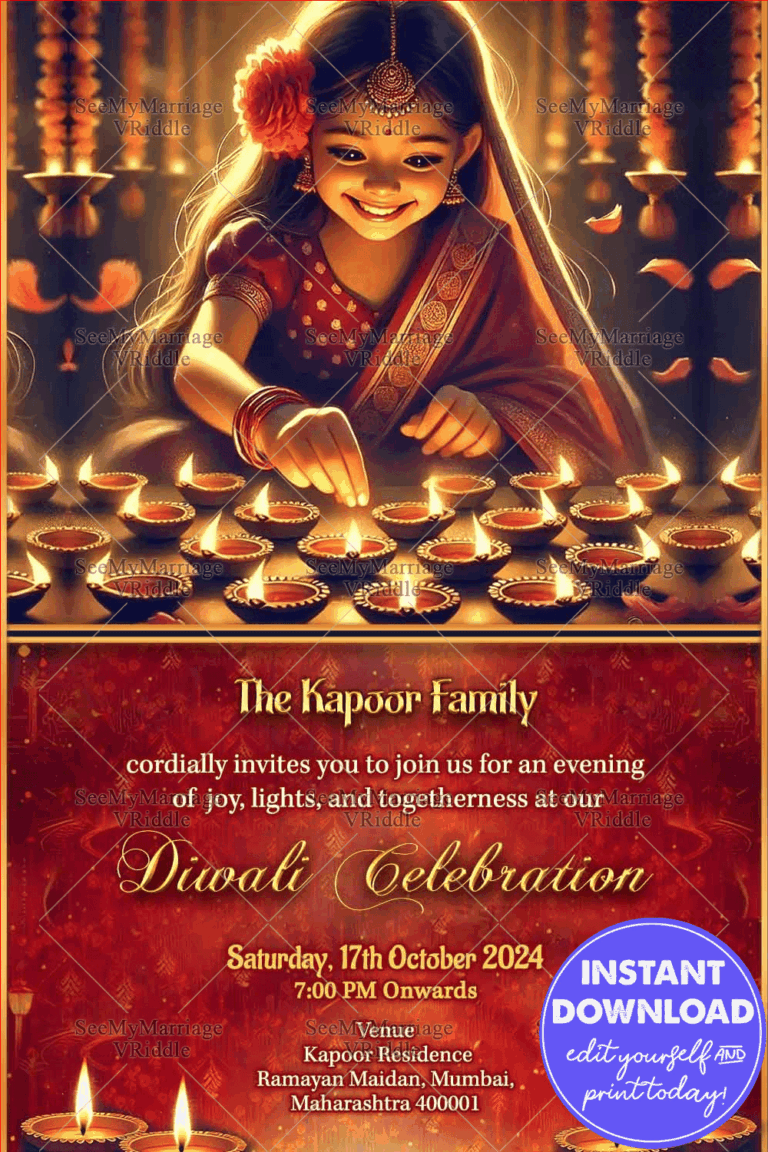 Twinkling Candle Elegance Diwali Celebration Invitation Card with Cute Girl Illustartion