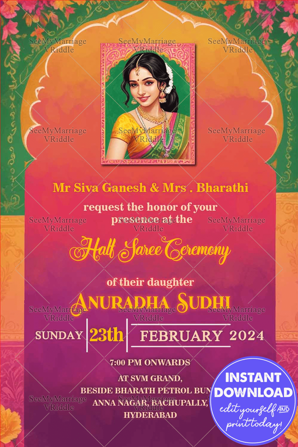 Vibrant Floral Half Saree Ceremony Invitation