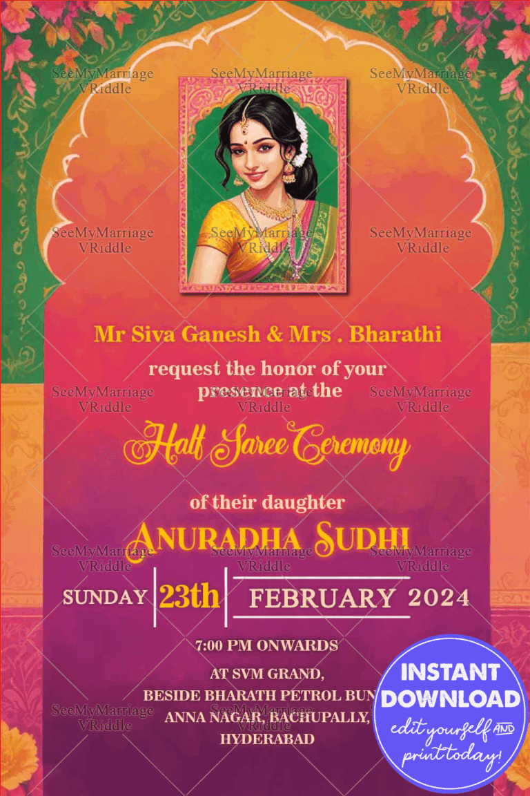 Vibrant Floral Half Saree Ceremony Invitation