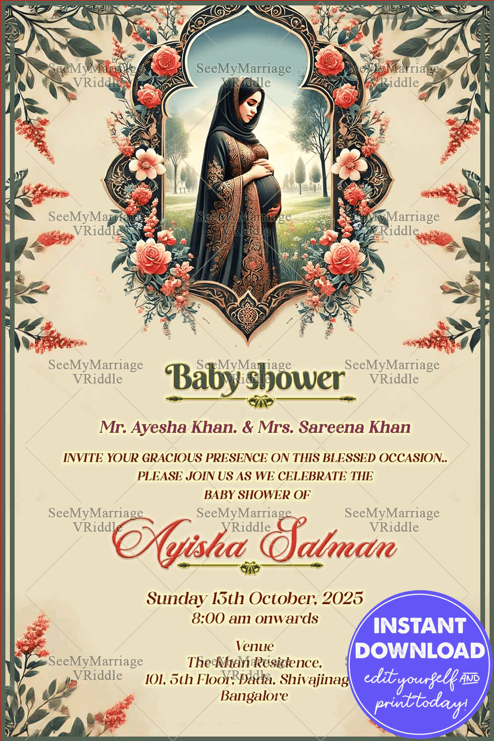 Vintage Floral Theme Islamic Baby Shower Invitation Card