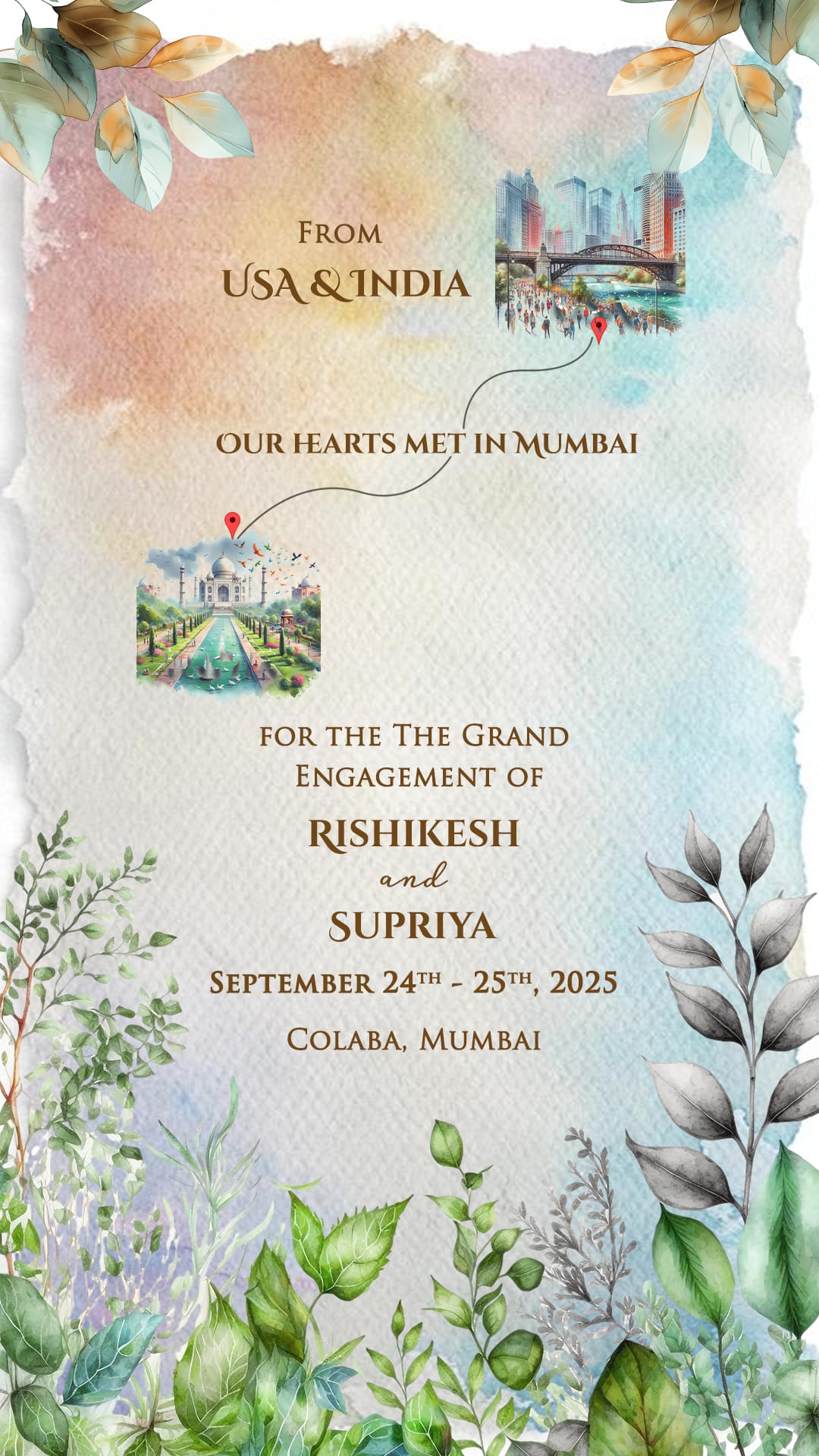 Watercolor Theme Digital Engagement PDF Invitation Card with Greenery Leaves Background (2)