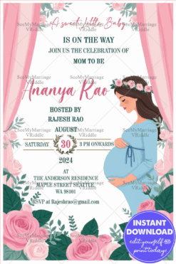 Western Theme Baby Shower Invitation Card with Pink Blossom Decor