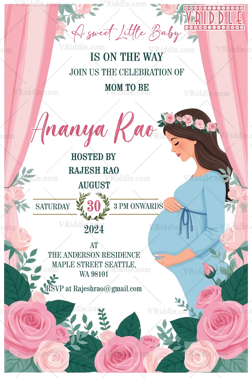 Western Theme Baby Shower Invitation Card with Pink Blossom Decor