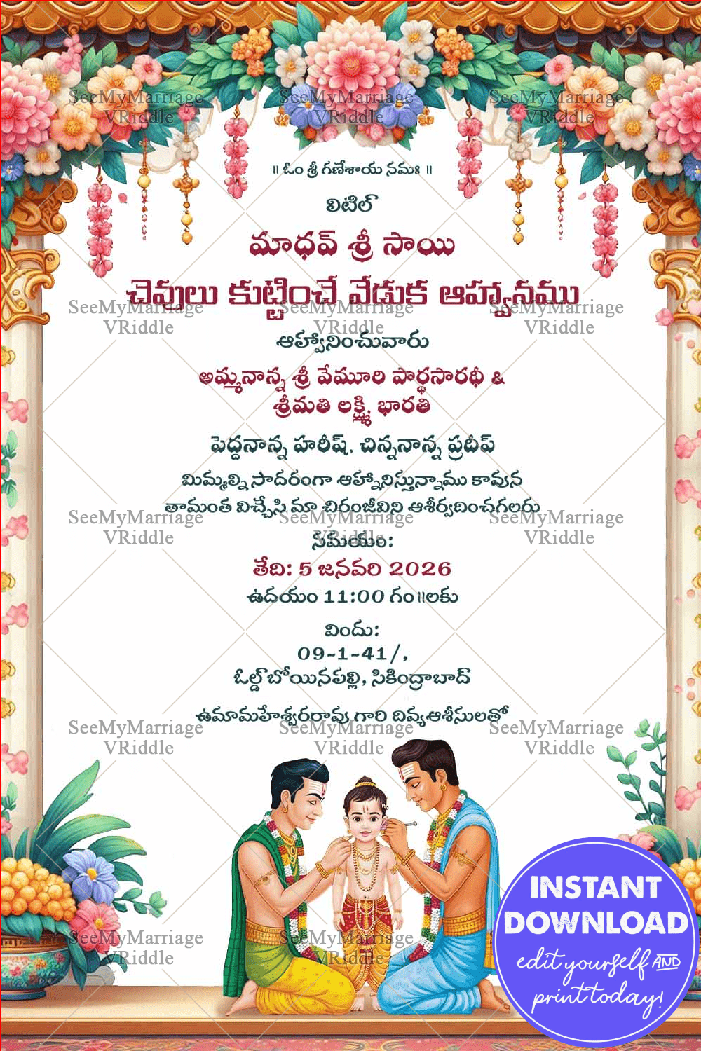 White Theme Telugu Traditional Ear Piercing Ceremony Invitation Card with Multicolored Blossom Decor