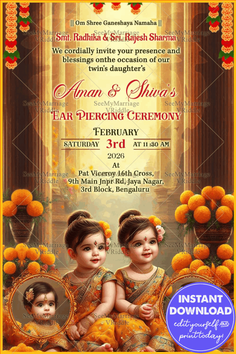 Yellow Floral Theme Twin Girls Ear Piercing Ceremony Invitation Card with Add Photo Background