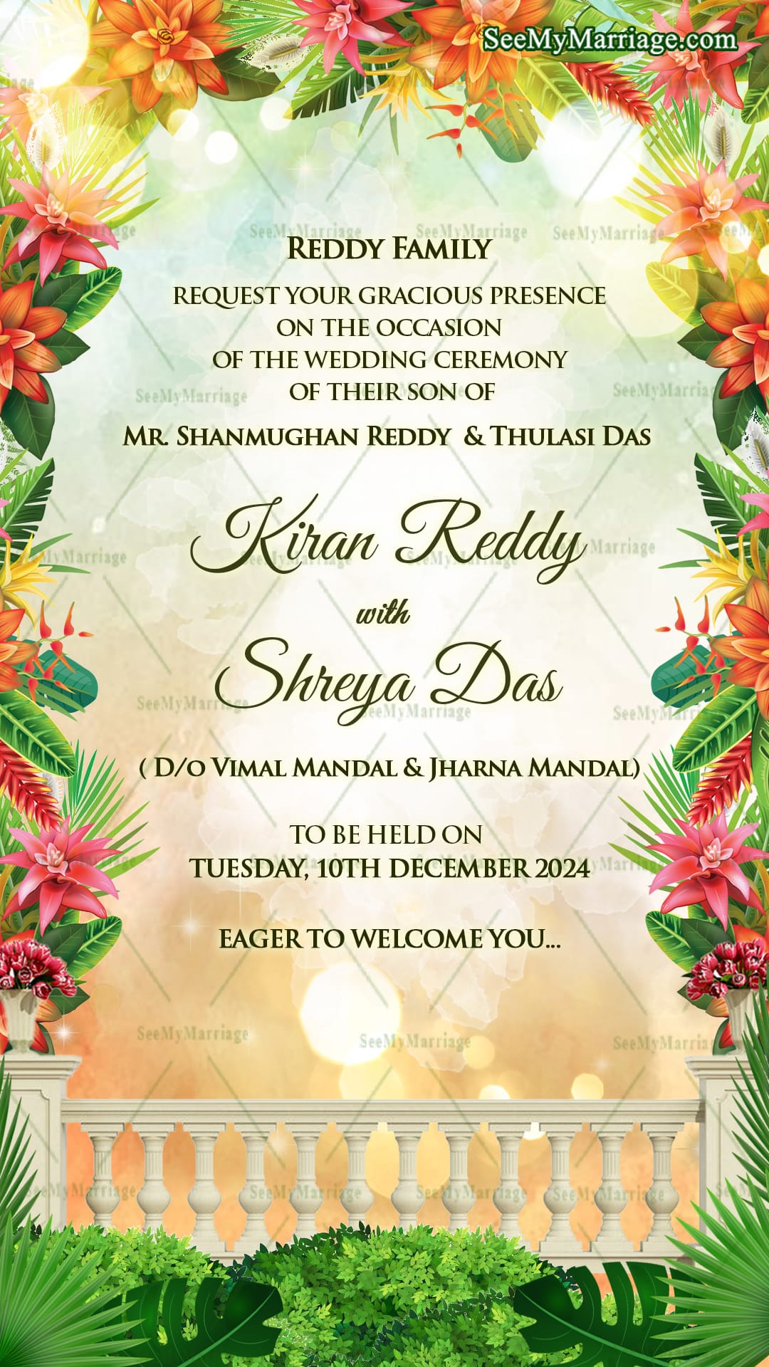 Ornate Garden Wedding Invitation with Romantic Indian Couple Illustration