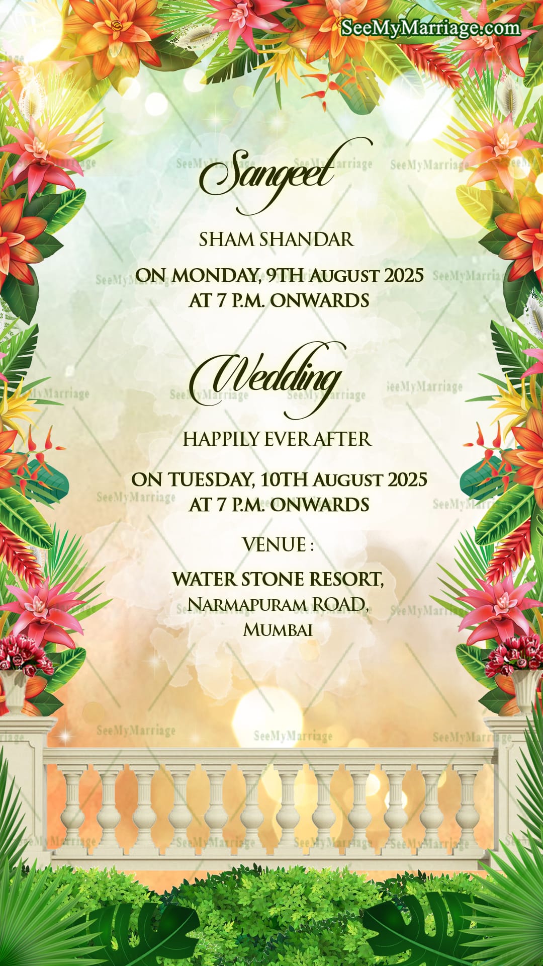 Ornate Garden Wedding Invitation with Romantic Indian Couple Illustration