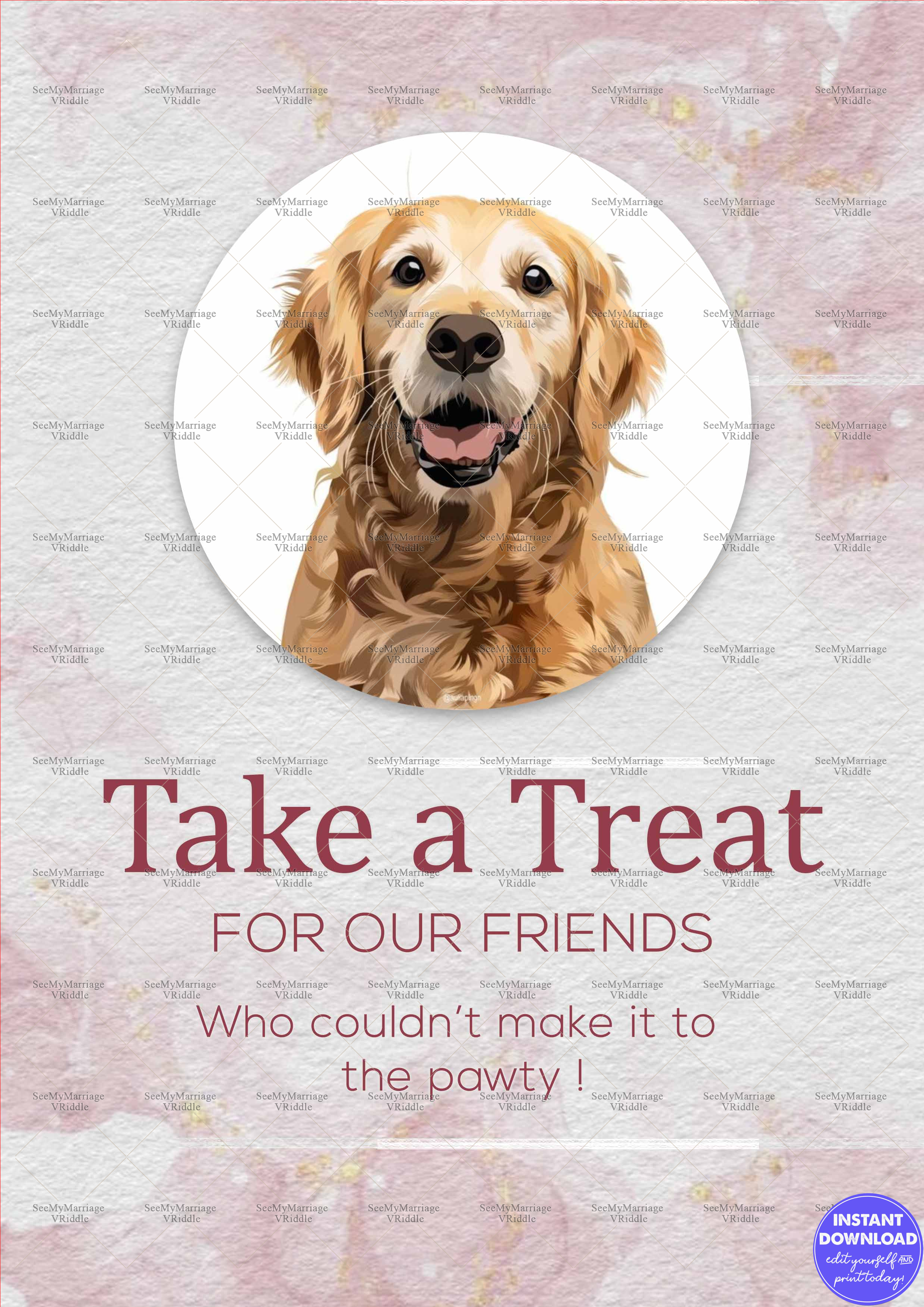 Adorable Pet Party Treat Poster with Golden Retriever Illustration and Soft Floral Background
