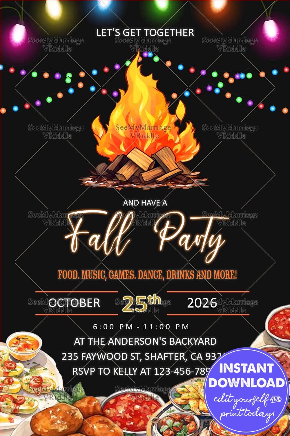 Cozy Fall Party Invitation with Bonfire, Festive Lights, and Delicious Food Spread