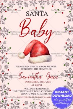 Holiday Baby Shower Invitation with Santa Hat Illustration and Snowflake Confetti on Soft Pink Background