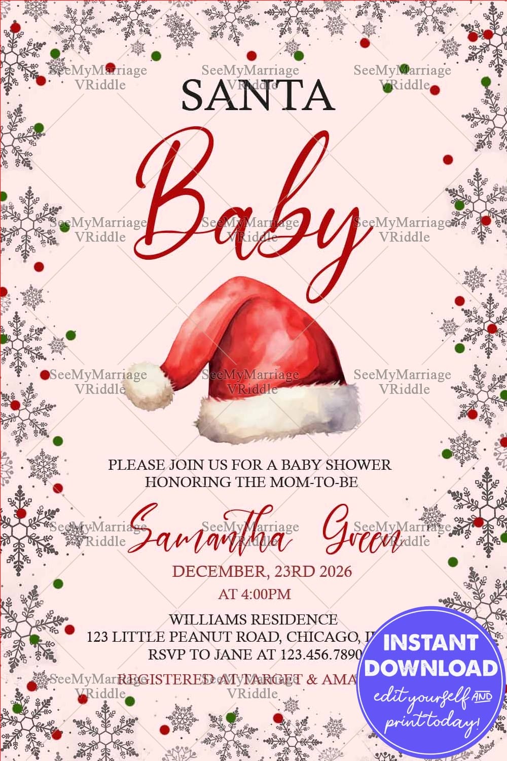 Holiday Baby Shower Invitation with Santa Hat Illustration and Snowflake Confetti on Soft Pink Background