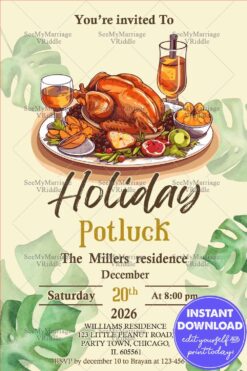 Thanksgiving-Themed Holiday Potluck Invitation with Roasted Turkey Platter Illustration and Leaves Background