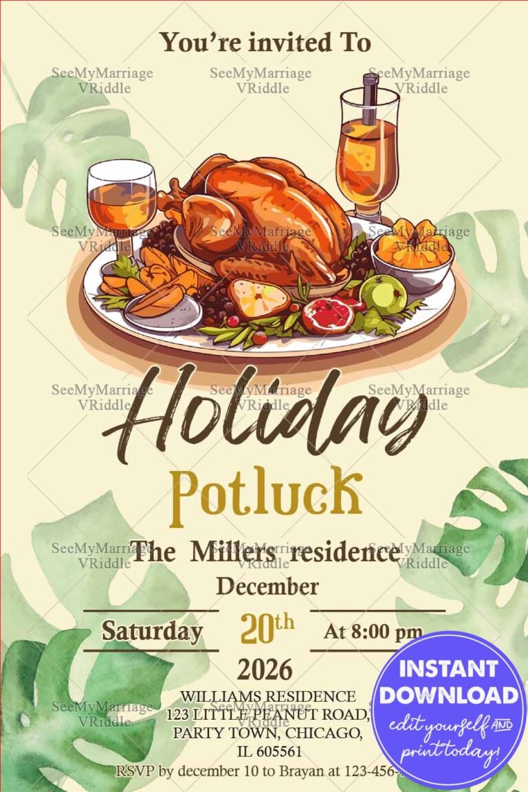 Thanksgiving-Themed Holiday Potluck Invitation with Roasted Turkey Platter Illustration and Leaves Background