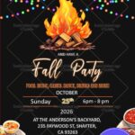 Cozy Fall Party Invitation with Bonfire, Festive Lights, and Delicious Food Spread