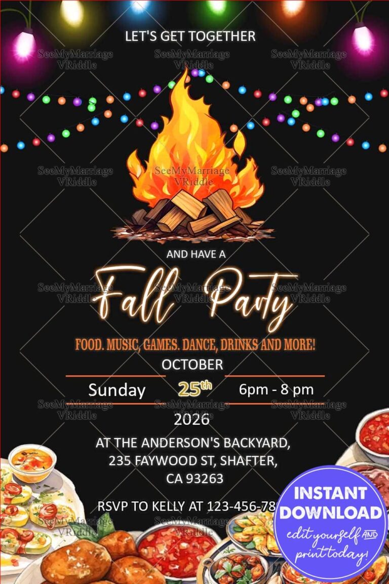 Cozy Fall Party Invitation with Bonfire, Festive Lights, and Delicious Food Spread