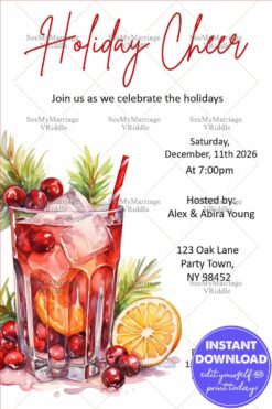 Festive Holiday Cheer Party Invitation with Cranberry Cocktail and Citrus Drink Illustration