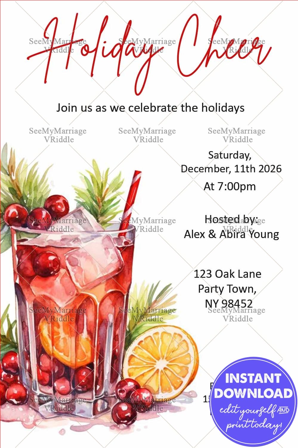 Festive Holiday Cheer Party Invitation with Cranberry Cocktail and Citrus Drink Illustration
