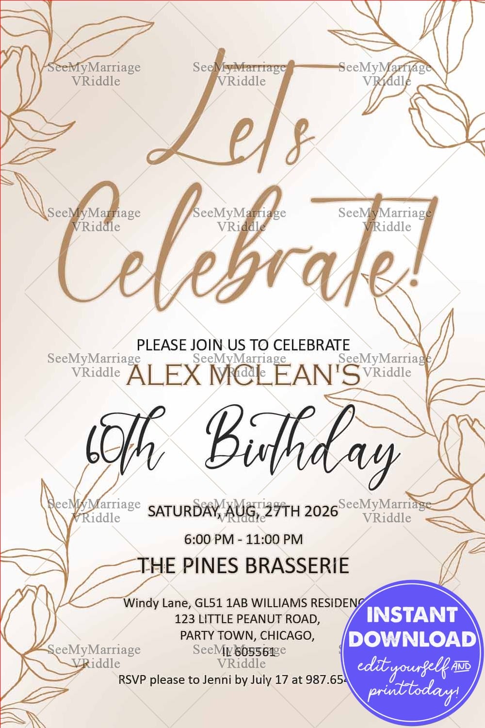 Elegant Gold Pink and Cream Floral-Themed 60th Birthday Celebration Invitation