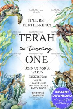 Turtle Oceanic Sea Adventure Themed First Birthday Party Invitation