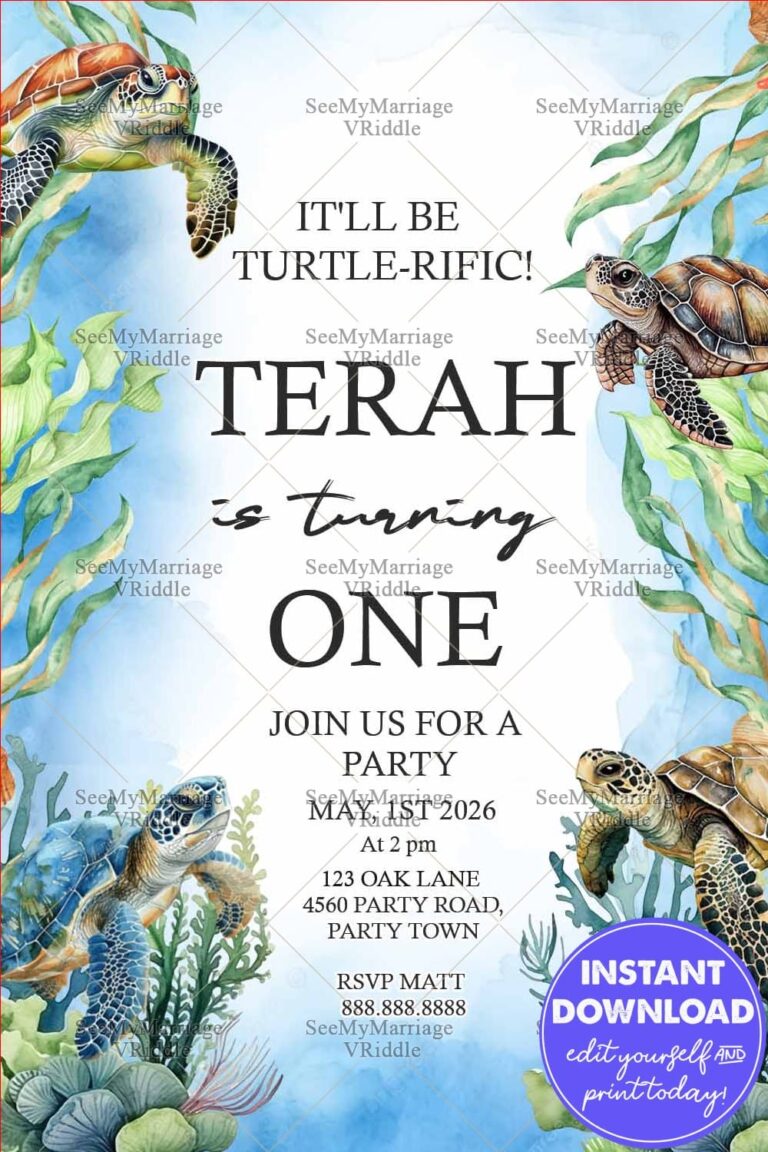 Turtle Oceanic Sea Adventure Themed First Birthday Party Invitation