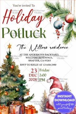 Festive Holiday Potluck Invitation with Christmas Tree, Santa, and Bauble Decorations
