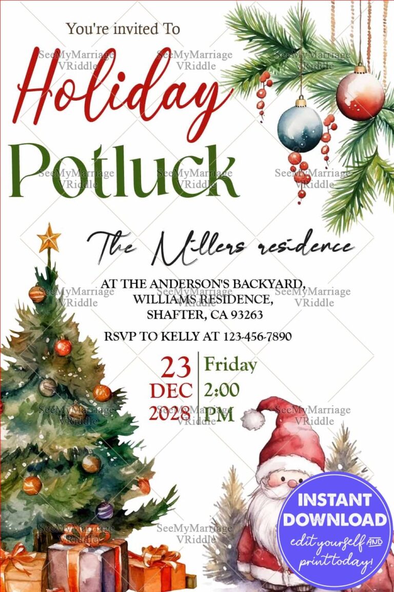 Festive Holiday Potluck Invitation with Christmas Tree, Santa, and Bauble Decorations