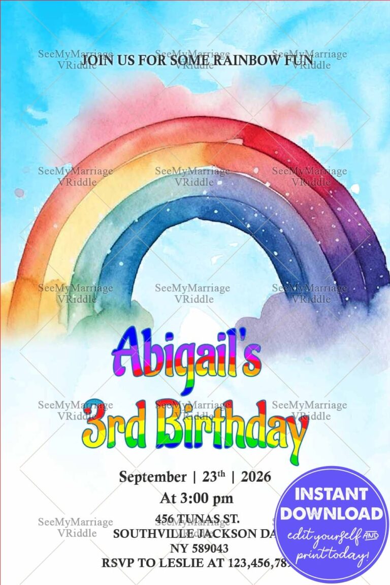 Colorful Rainbow-Themed Birthday Invitation for a Kid's 3rd Birthday Celebration
