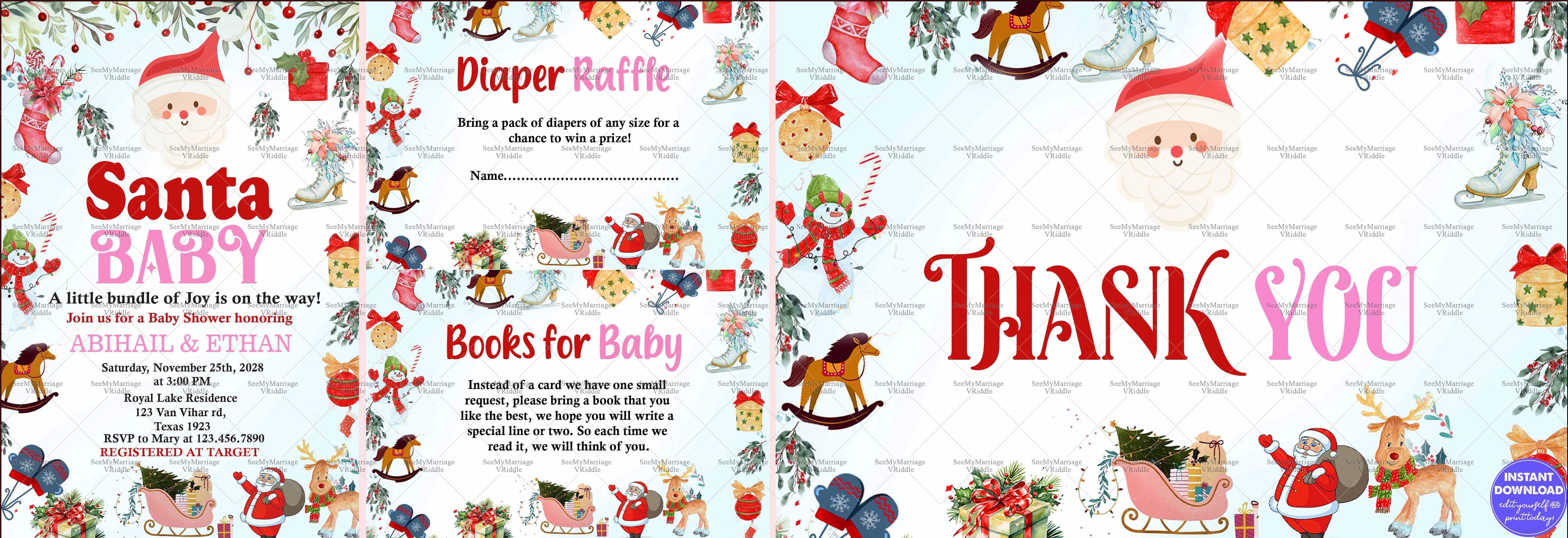 Santa-Themed Baby Shower Invitation with Diaper Raffle and Thank You Section Framed with Christmas Elements