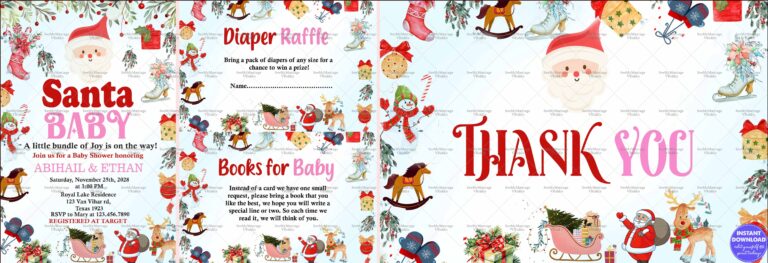 Santa-Themed Baby Shower Invitation with Diaper Raffle and Thank You Section Framed with Christmas Elements
