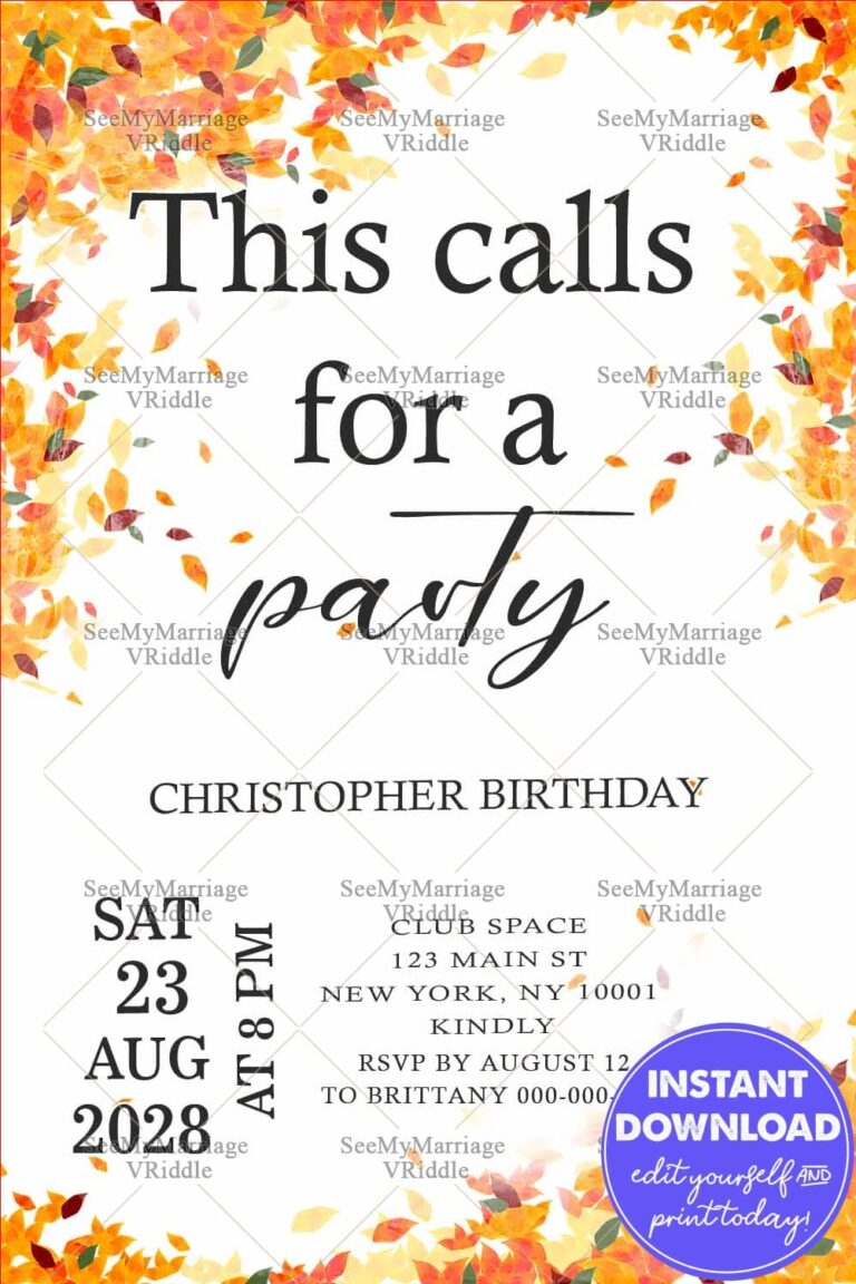 Minimalistic Autumn-Themed Birthday Invitation with Vibrant Falling Leaves Design