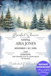 Winter Forest Bridal Shower Invitation with Snow-Covered Pines and Watercolor Blue Gradient Design