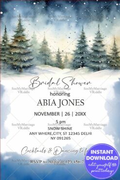 Winter Forest Bridal Shower Invitation with Snow-Covered Pines and Watercolor Blue Gradient Design