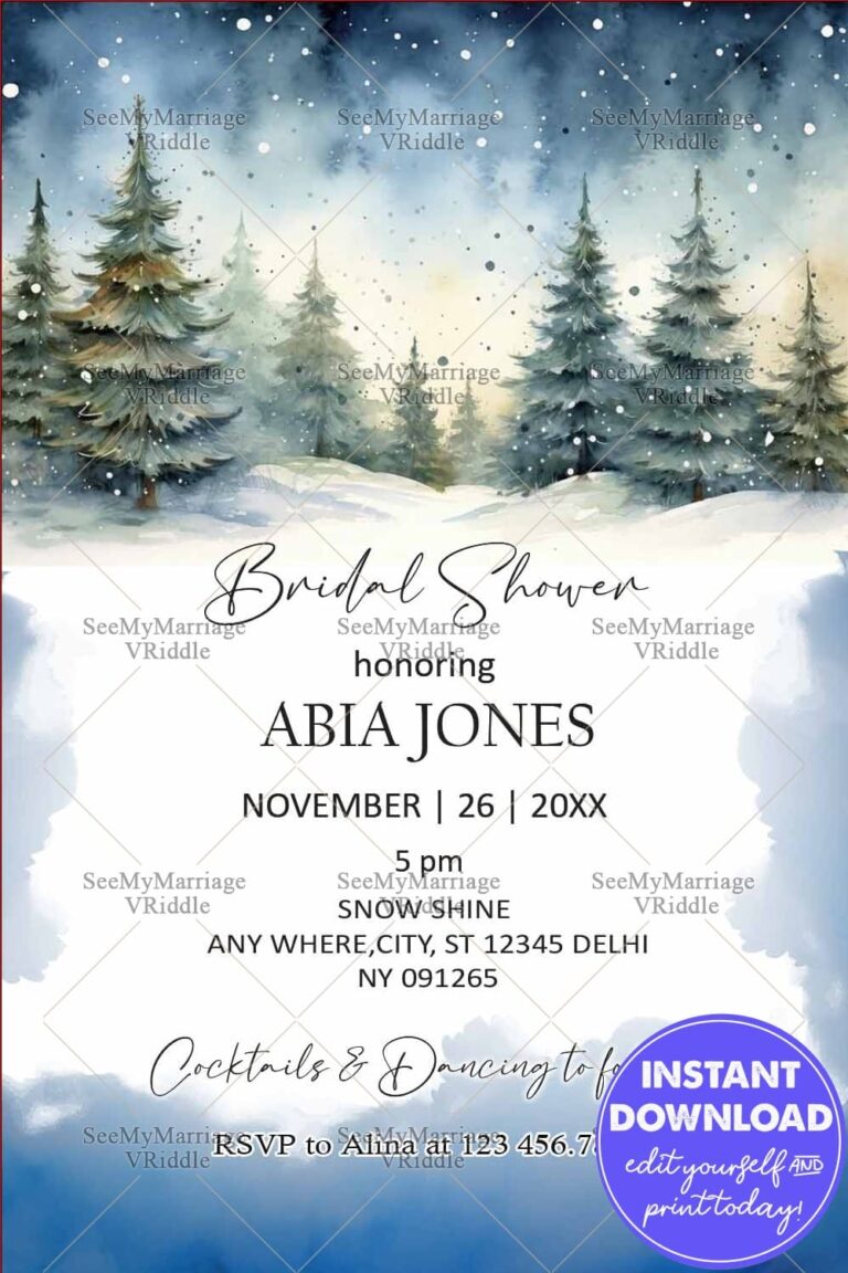Winter Forest Bridal Shower Invitation with Snow-Covered Pines and Watercolor Blue Gradient Design