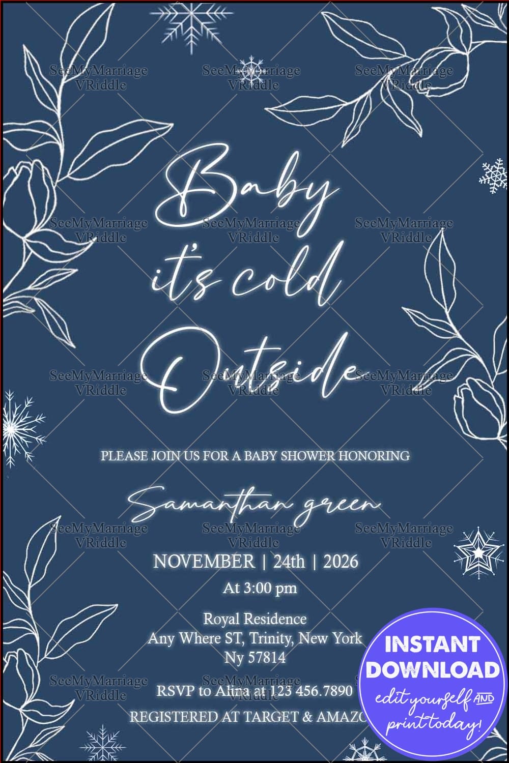 Dark Blue Baby Shower Invitation with Elegant Line Art and Winter-Themed Snowflakes