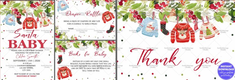 Christmas-Themed Baby Shower Invitation Suite with Sweater Motifs, Diaper Raffle, and Thank You Note