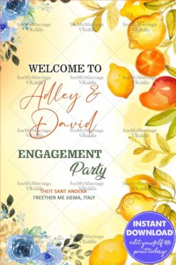 Summer Citrus-Themed Engagement Party Banner with Yellow Lemons and Flowers