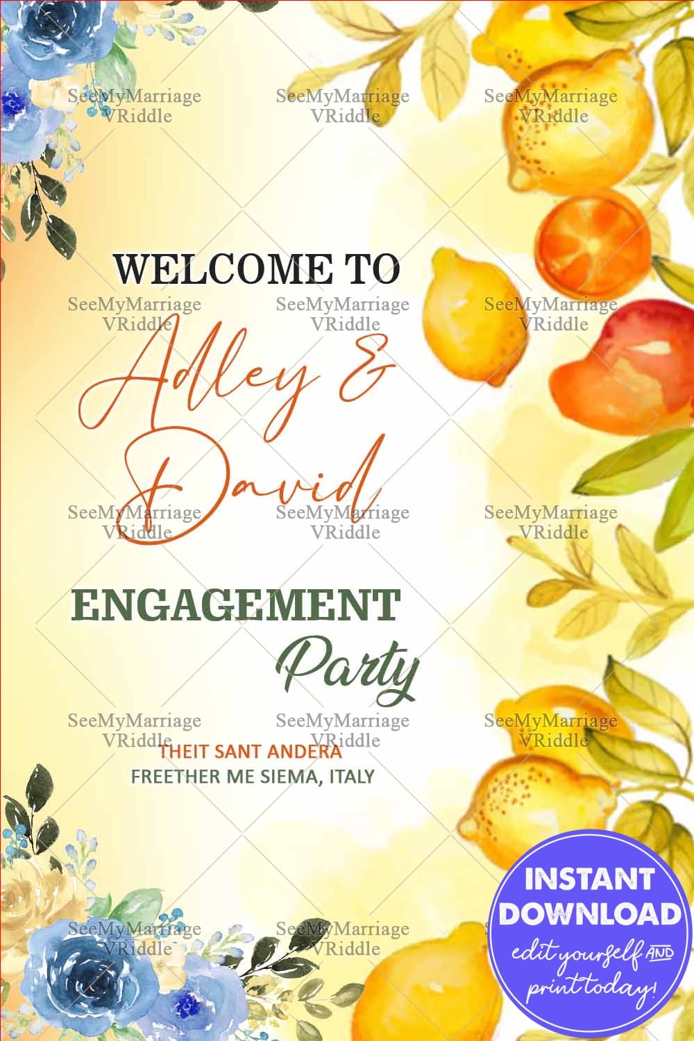 Summer Citrus-Themed Engagement Party Banner with Yellow Lemons and Flowers