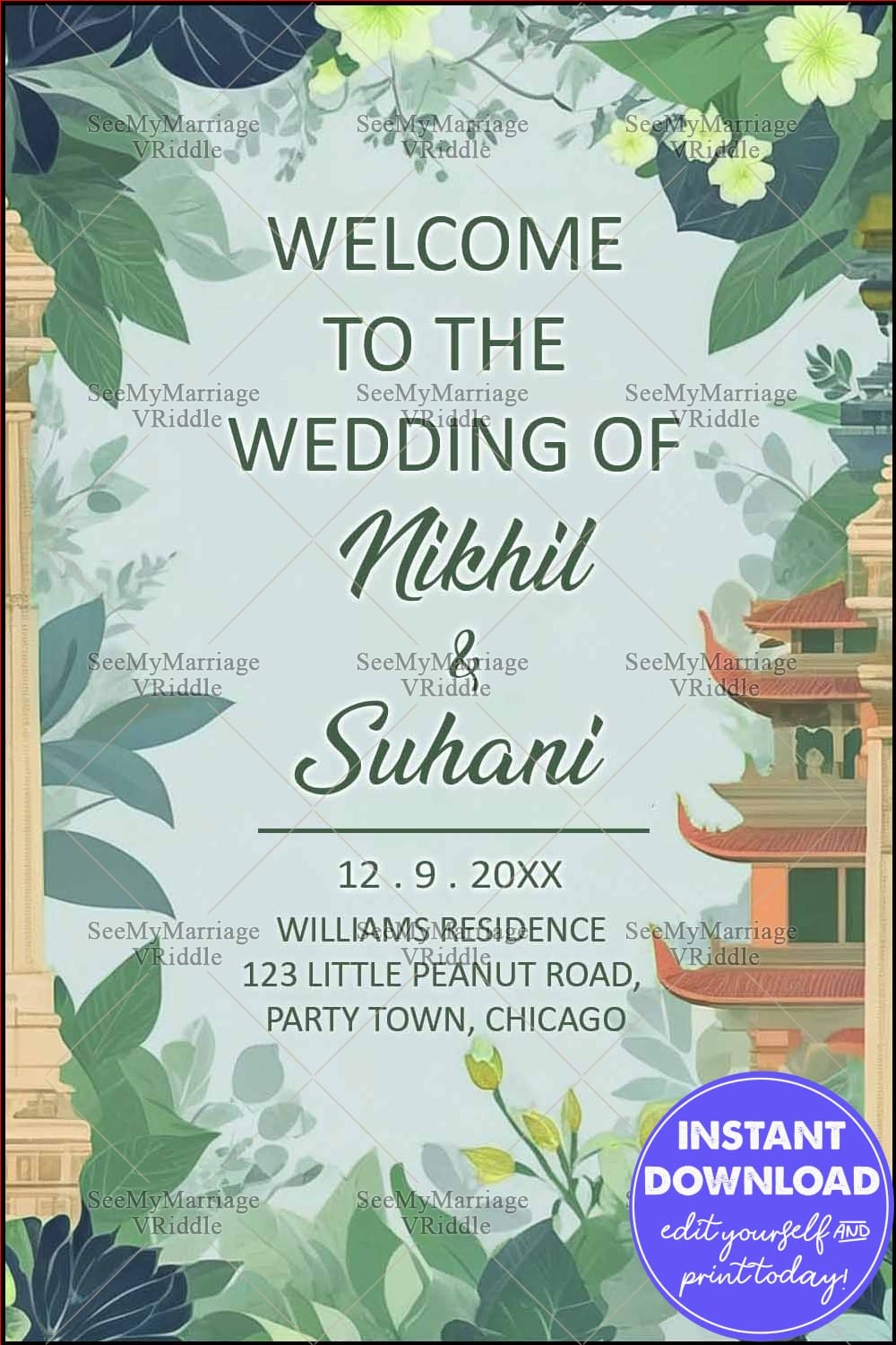 Botanical Wedding Welcome Banner with Greenery and Asian Architectural Elements